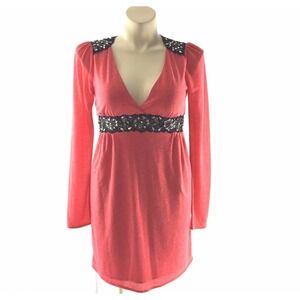 Meghan Los Angeles Dress LARGE Coral Pink Black Lace Open Back Deep V Neckline
